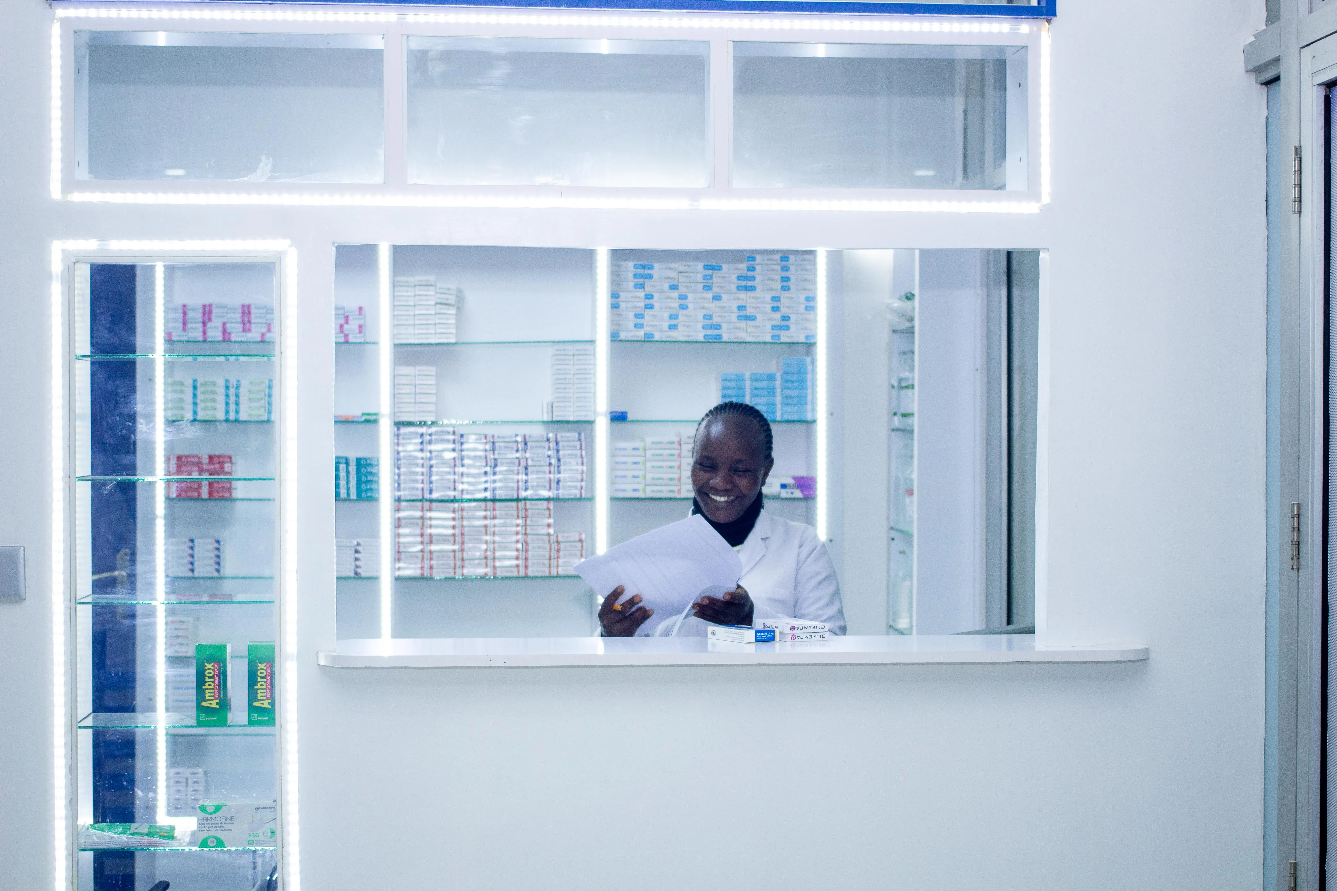 Transelgon pharmacy counter stocked with medication